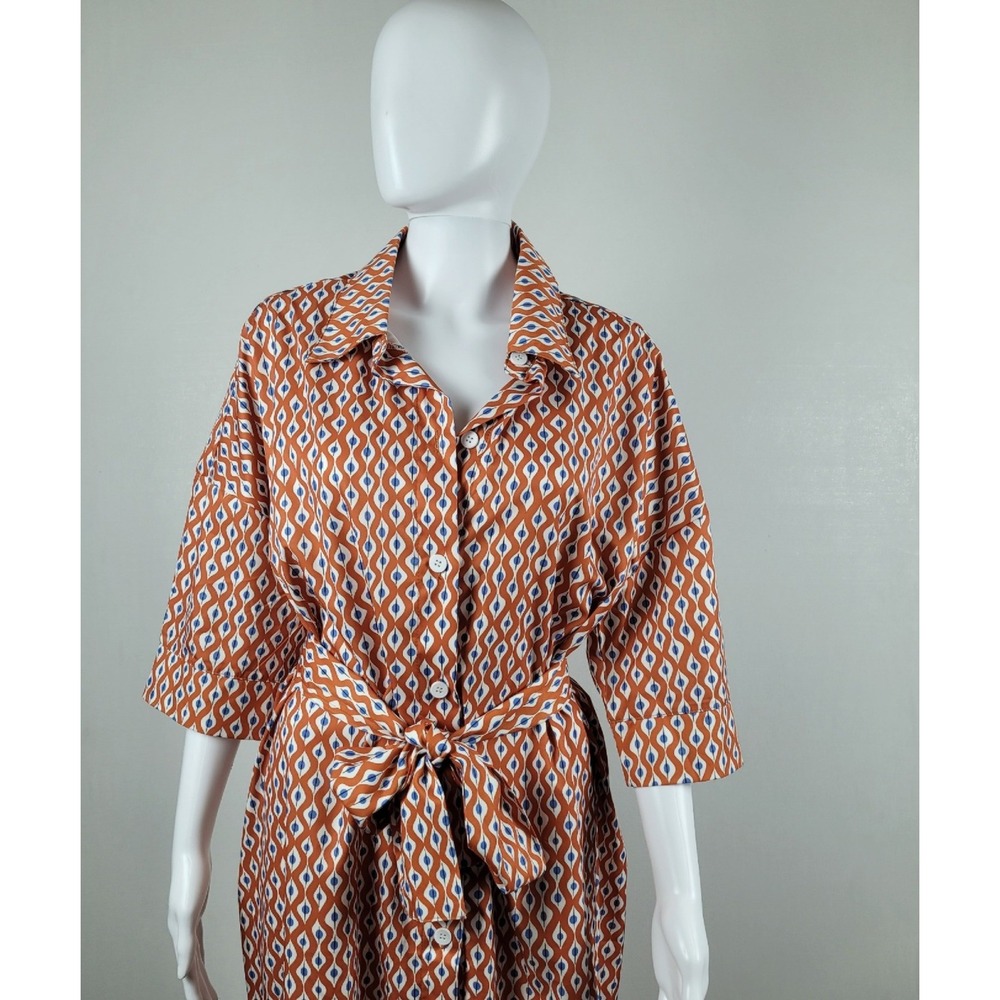 Geometric Print Maxi Shirt Dress Women OS Orange Blue Excellent Belted - XL - Picture 2 of 11